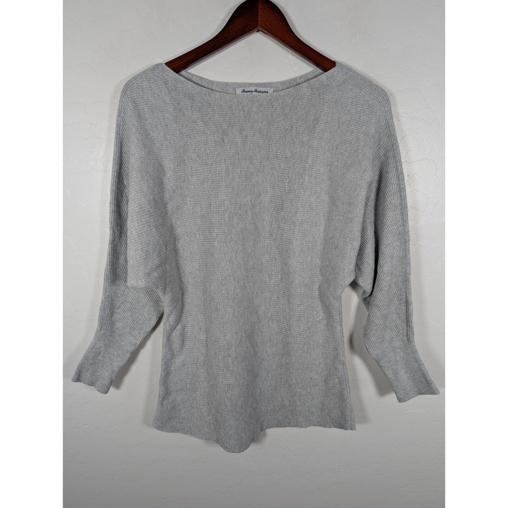 Tommy Bahama Sweater Womens Medium Gray Ribbed Raglan Sleeves Stretch Casual